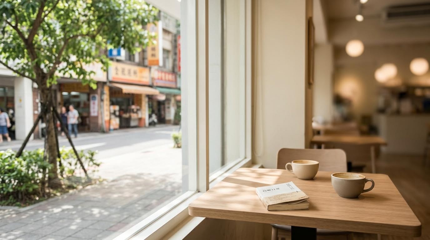 午後咖啡館與書店街景,呈現台灣常見的約會地點與公共空間
