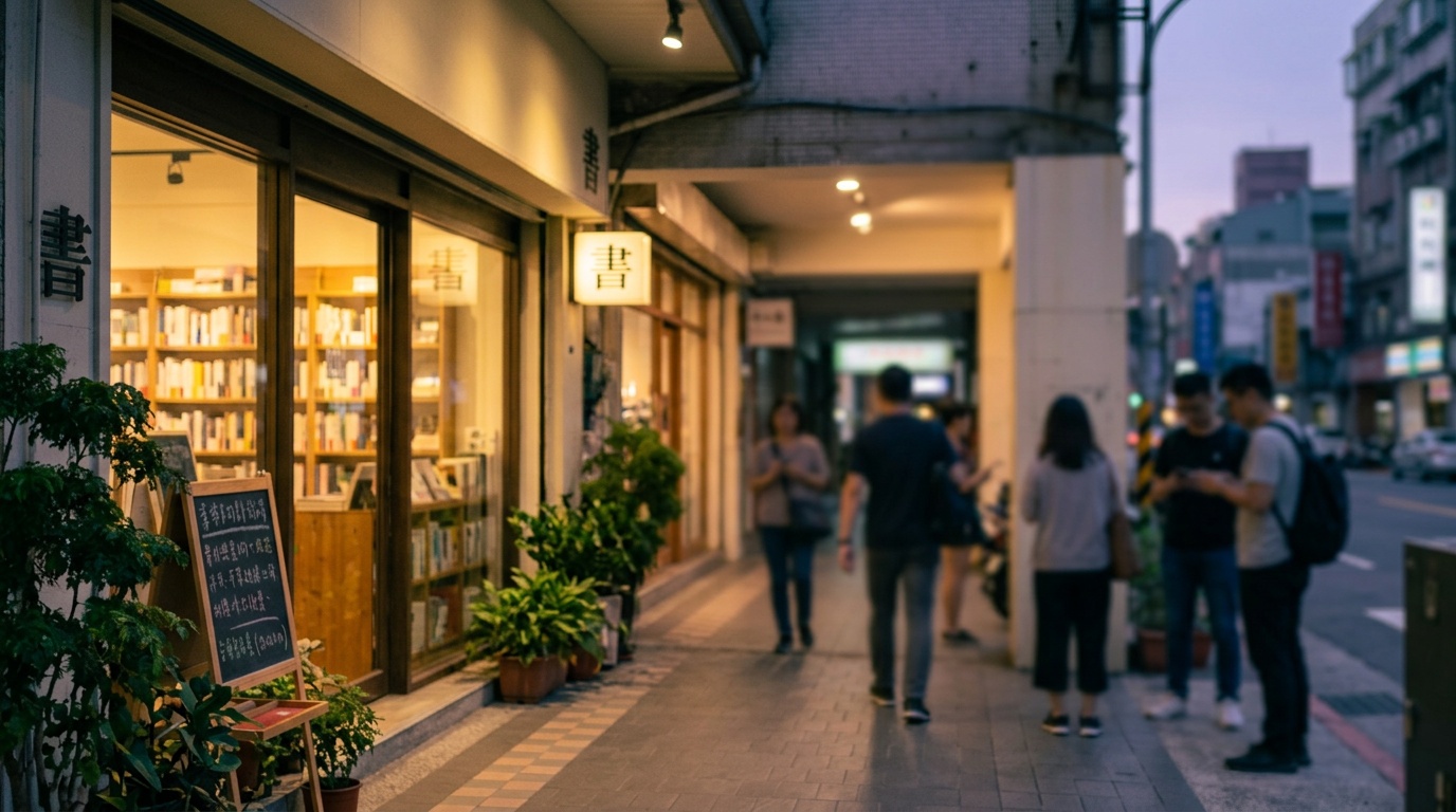 台北街區傍晚的騎樓與燈光,呈現城市公共社交場合的日常氣息